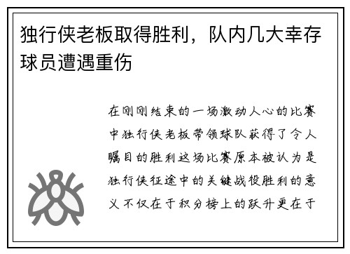 独行侠老板取得胜利，队内几大幸存球员遭遇重伤