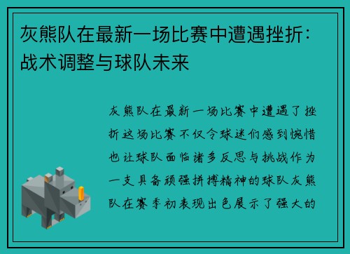 灰熊队在最新一场比赛中遭遇挫折：战术调整与球队未来