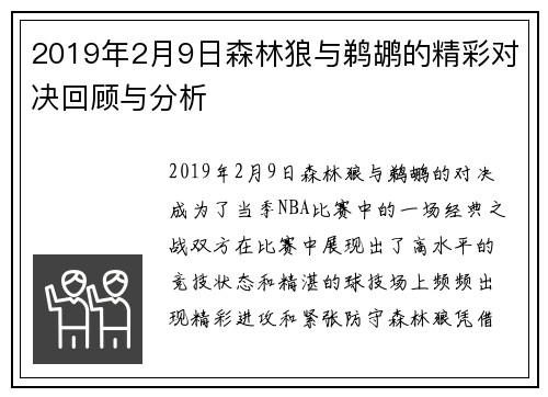 2019年2月9日森林狼与鹈鹕的精彩对决回顾与分析